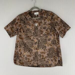 Ganni Brown Button Down Short Sleeve Top